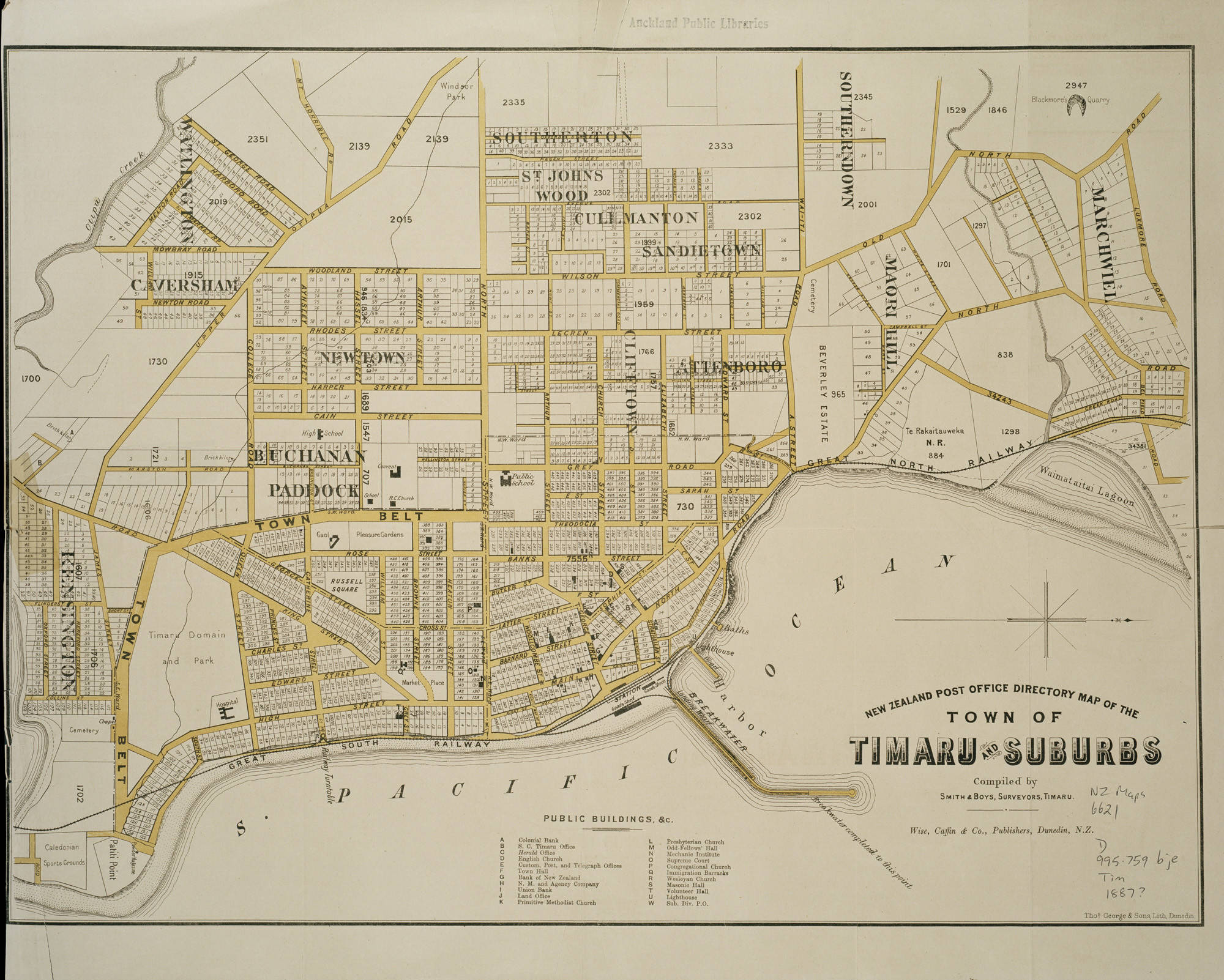 1875 6 Timaru Wises Directory Map 1657 full Auckland Librarues Heritage Collections Map 6537a open copyright
