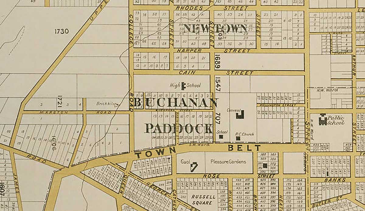 1875-6 Timaru  Wises Directory Map 1657 full-Auckland Librarues Heritage Collections Map 6537a - open copyright -- Detail Cains Paddocks