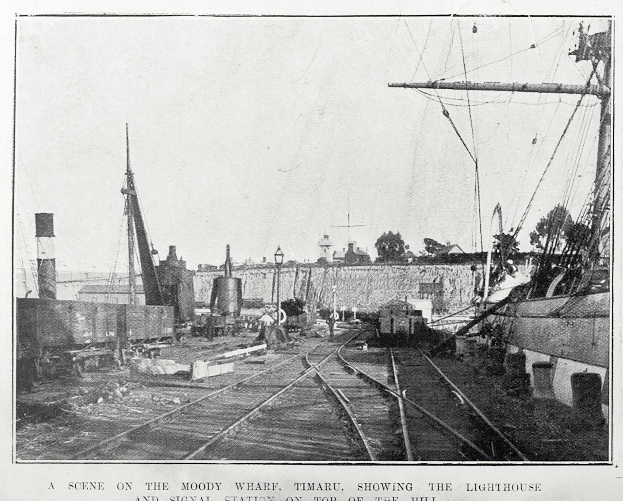 1904 A scene on the moody wharf Timaru showing the lighthouse and signal station on the top of the hill 183795