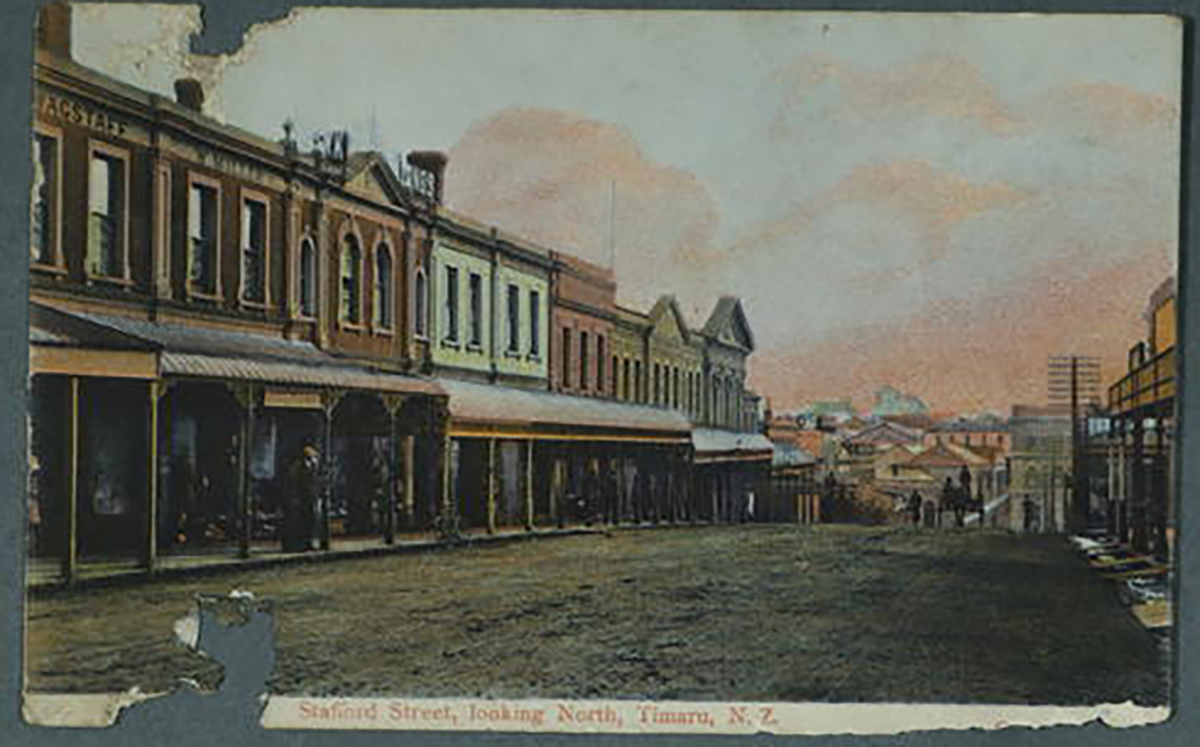 1907 Dunstable House and Ballentines in Timaru Stafford Street looking North Timaru NZ Industria series Addressed to Miss L Roberts and postmarked