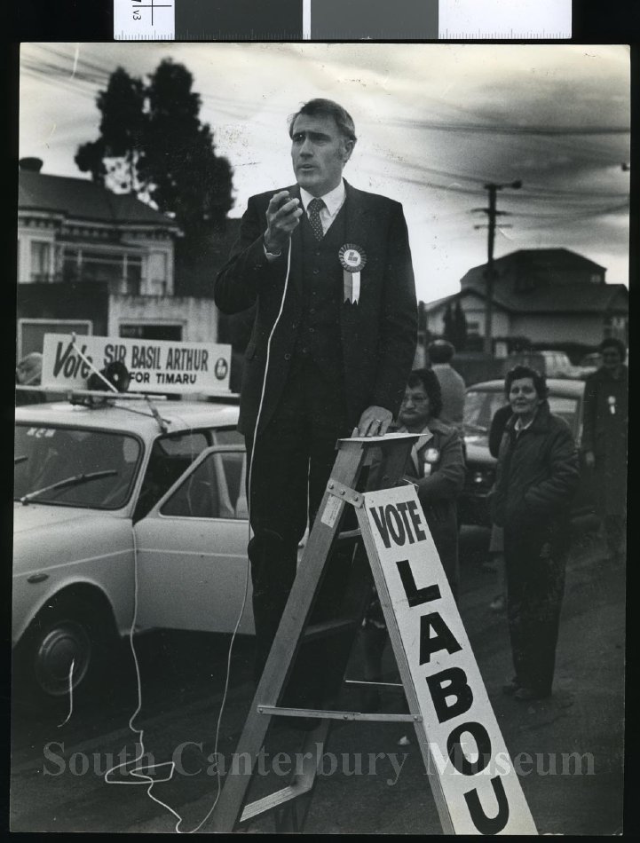 20121867516 Geoffrey Palmer pictured campaigning for Sir Basil Arthur during an election, circa 1984.