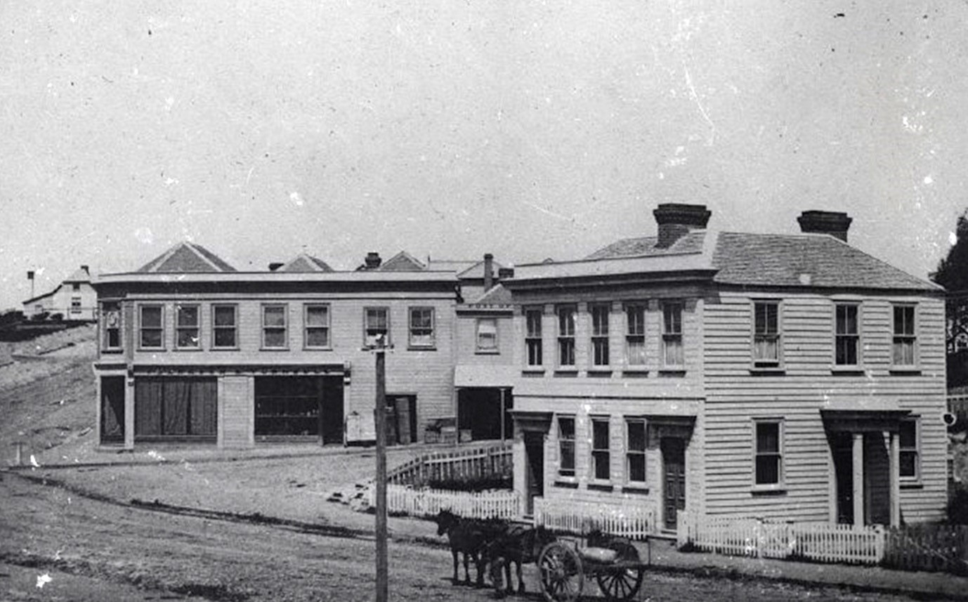 ABOVE Turnbull and Clarksons wooden shop The Corner on Stafford St and George St around 1862 68 before the Great fire South Canterbury Museum CN 201904932