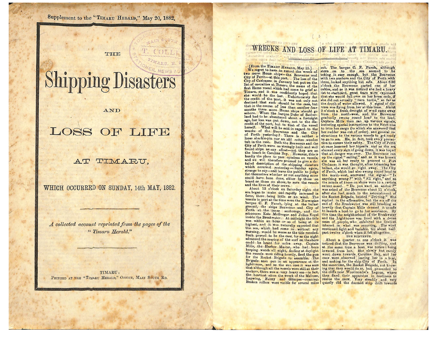 Booklet produced by the Timaru Herald covering the shipwrecks of the Benvenue and the City of Perth in 1882