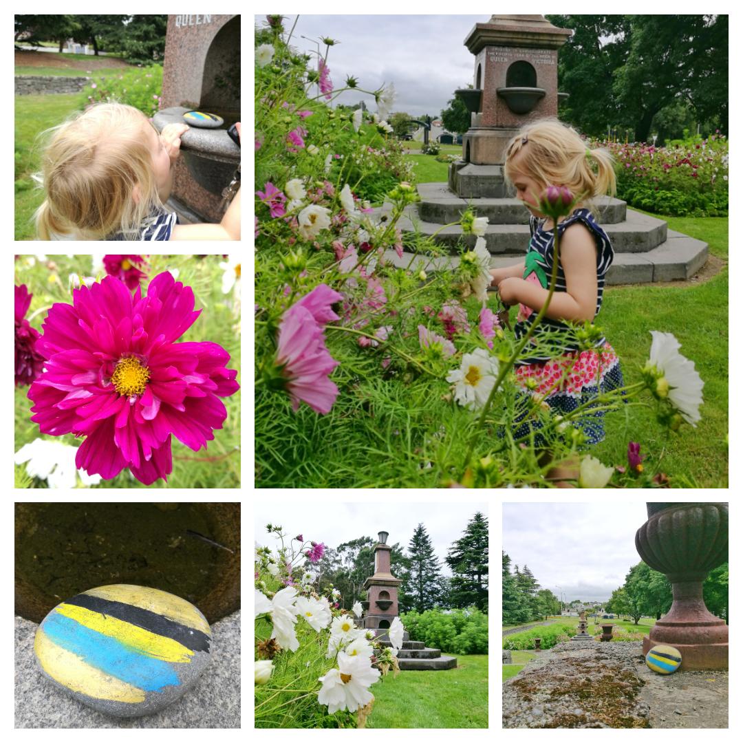 Hide painted rocks in the Sunken Garden