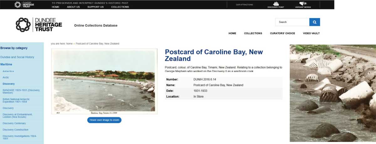 Caroline Bay Postcard 1931 website screen shot