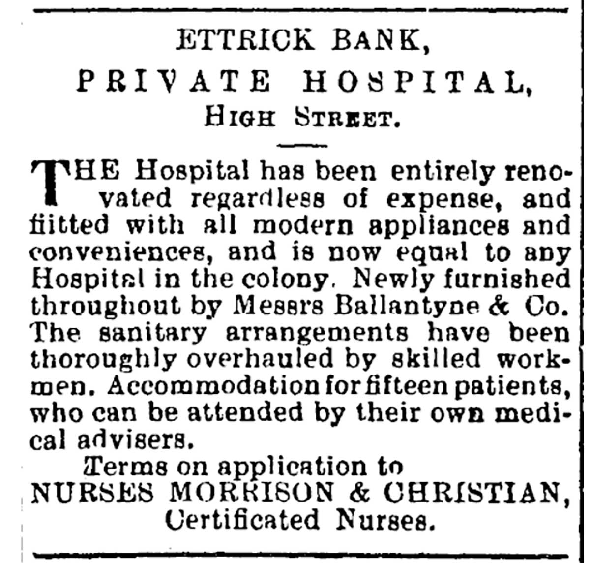Timaru Herald Ettrick Bank Hospital 5 September 1899