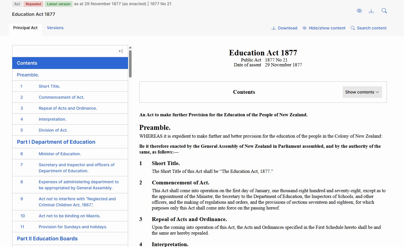 Education Act 29 November 1877 New Zealand in Parliament