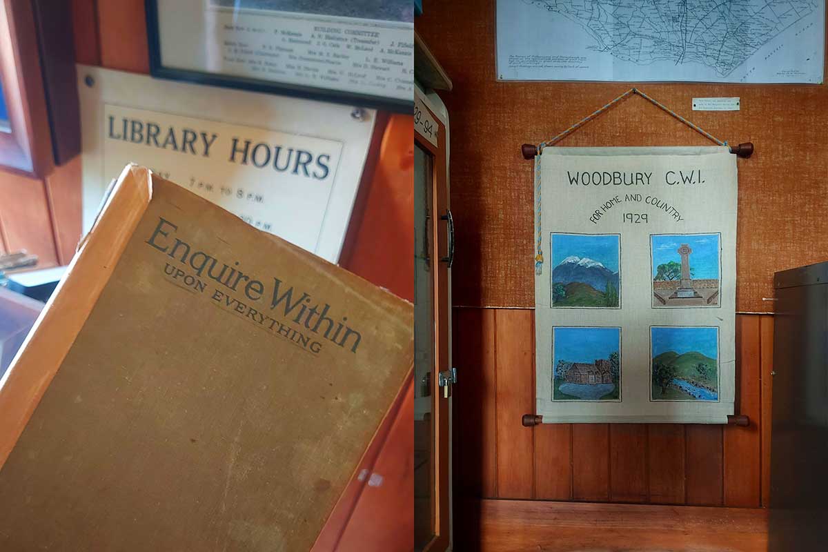 Eleanor Tripp Library 1936 Woodbury WuHooTimaru By Roselyn Fauth Feb 2026 Enquire Within Book and wall hanging