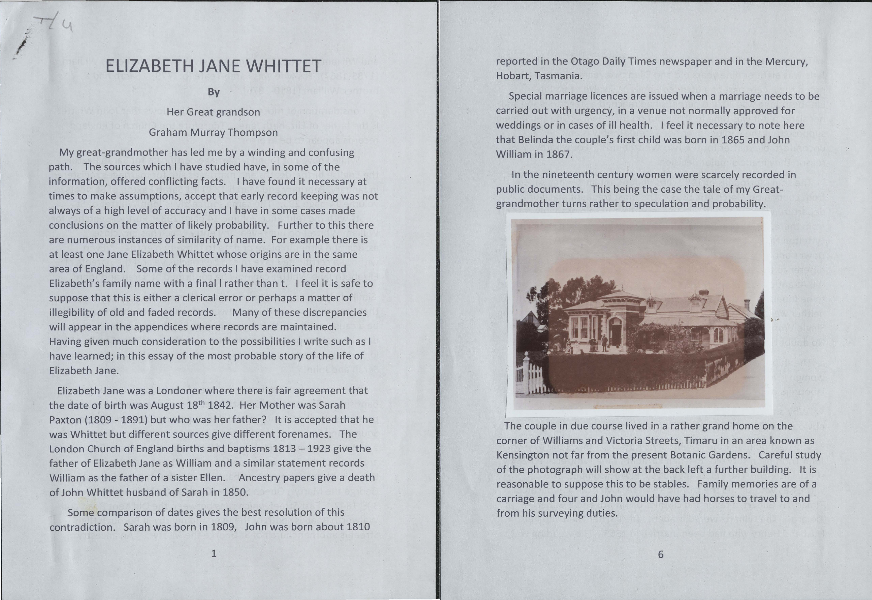 Elizabeth Jane Whittet by Her Great Grandson Graham Murray Thompson Timaru Libray