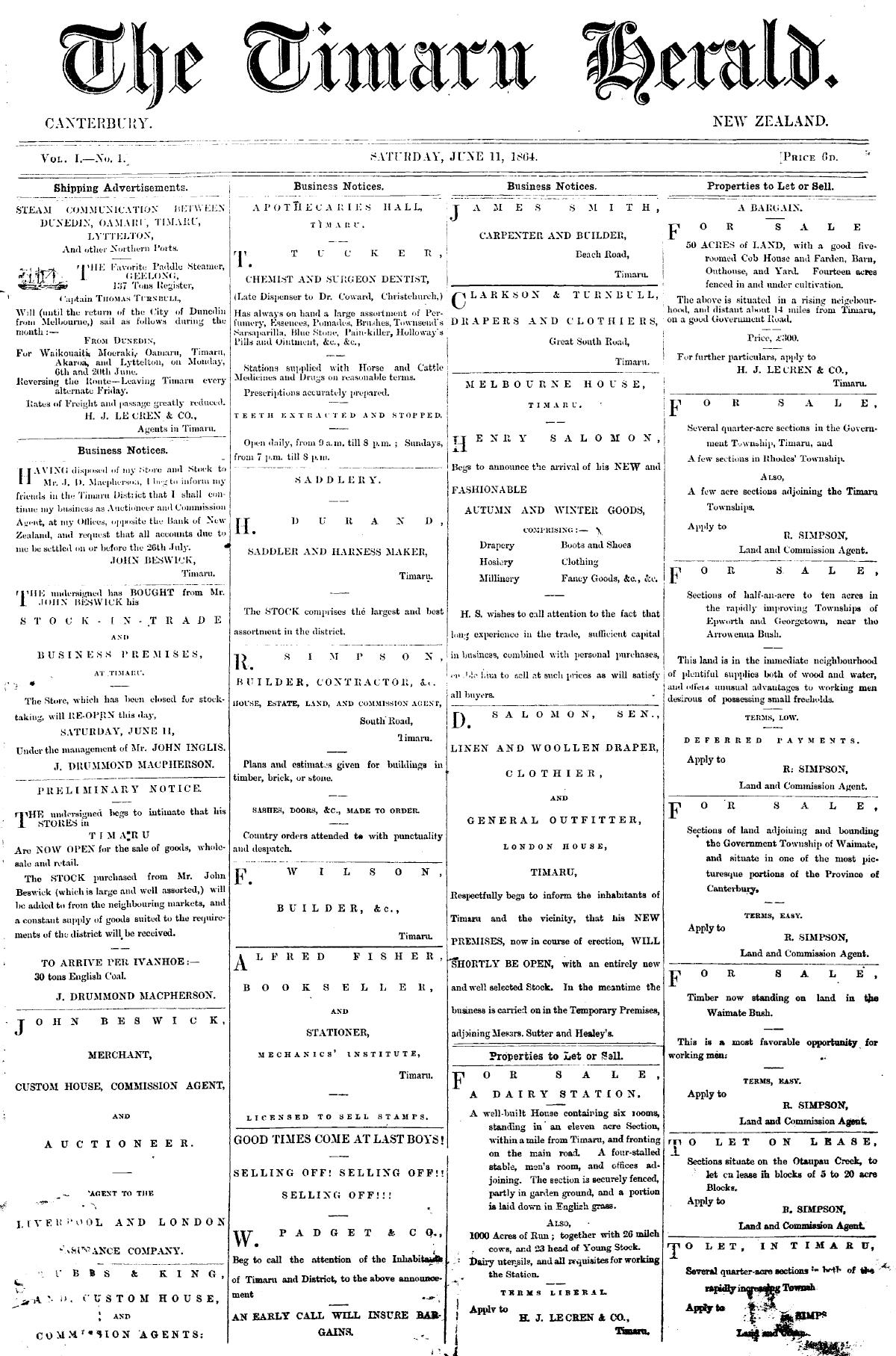 First Edition of the Timaru Herald Printed 11 June 1864 Vol 1 No 1 0001