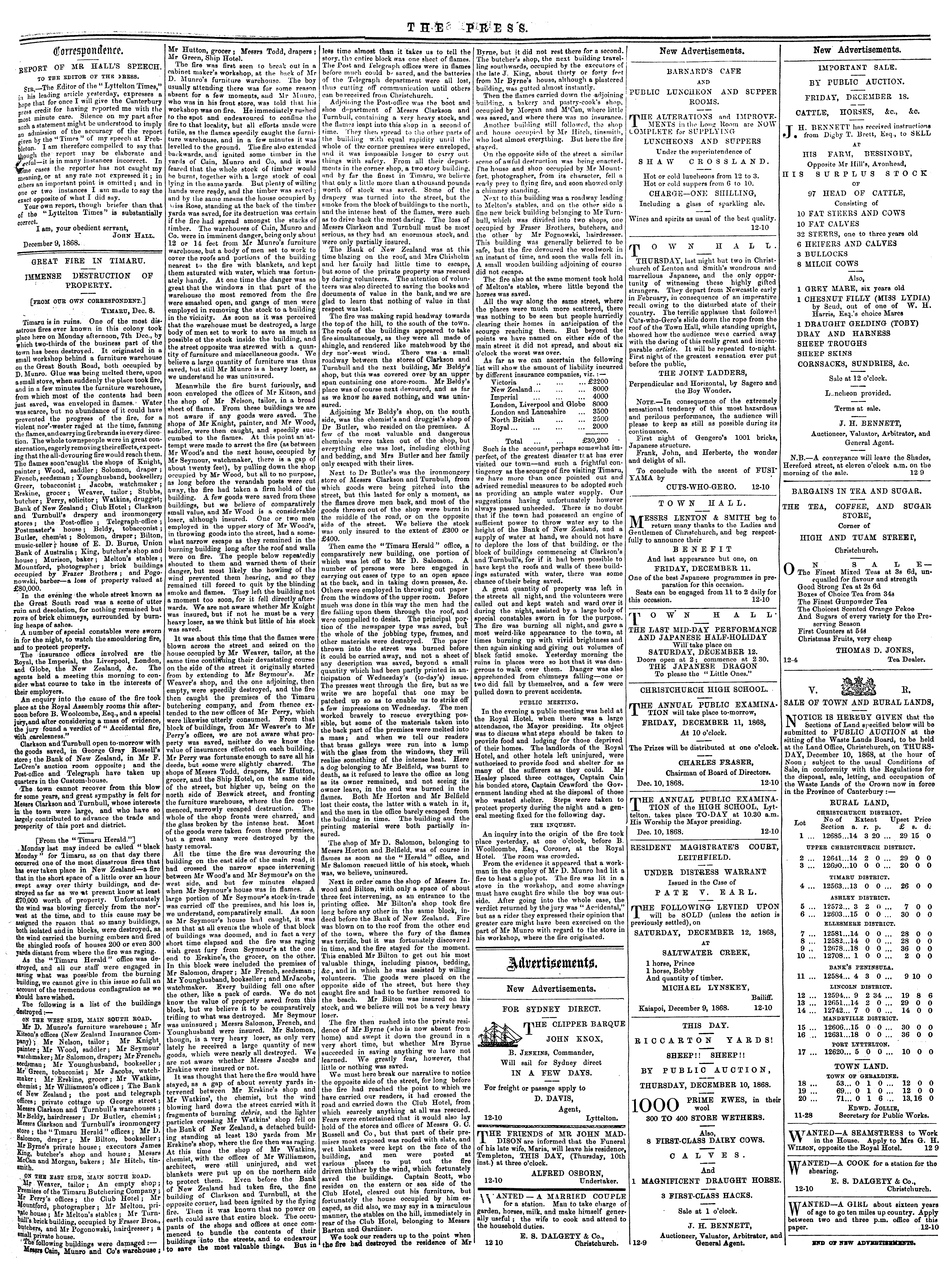 GREAT FIRE IN TIMARU Press Volume XIII Issue 1767 10 December 1868 Page 3 CHP18681210 1 3 c256