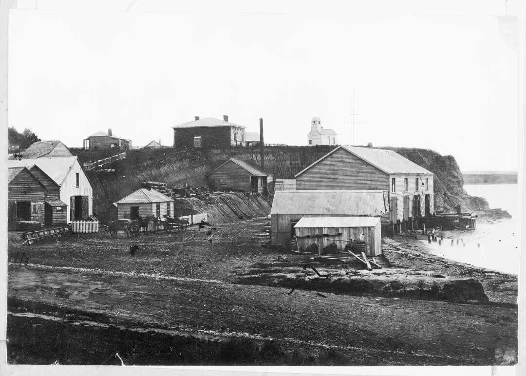 Government landing terrace at Timaru 1860s Shows buildings by the waterfront natlib 366331