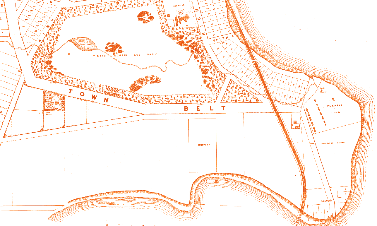1875 Map of Timaru section show Patiti Point Cemetery Rail and the Timaru Botanic Gardens