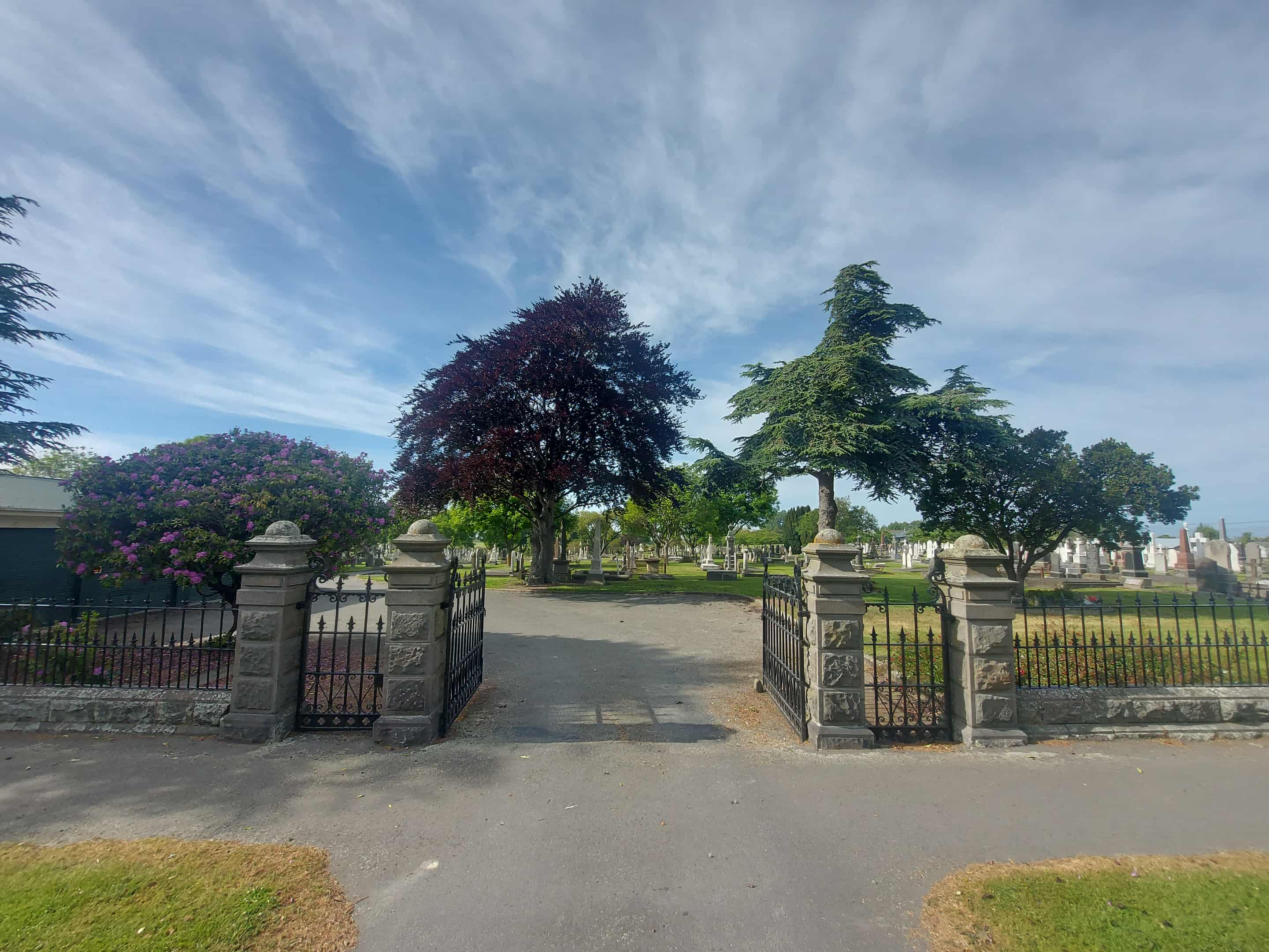 Gates of the timaru cemetery designed by James Turnbull his fathers monument is the white oblisk Photo Roselyn Fauth 2025