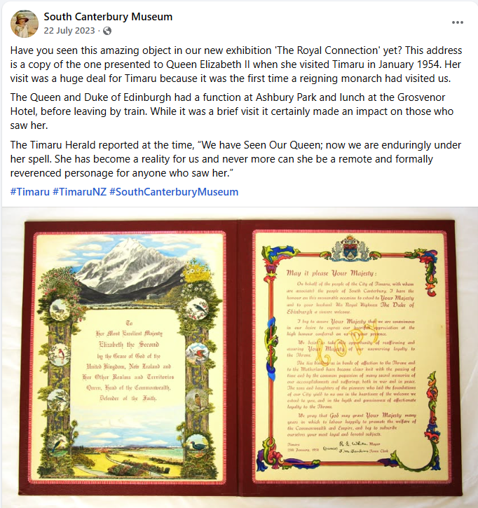 This address is a copy of the one presented to Queen Elizabeth II when she visited Timaru in January 1954 Facebook South Canterbury Musuem