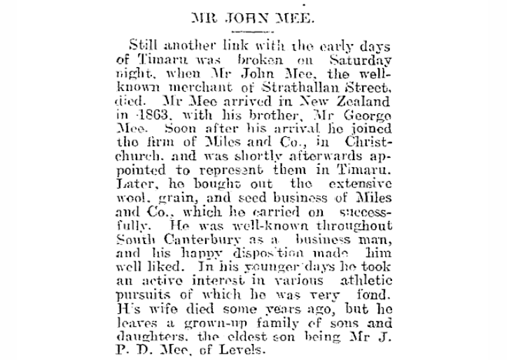 John Mee OBITUARY Timaru Herald 19 June 1916 Page 3