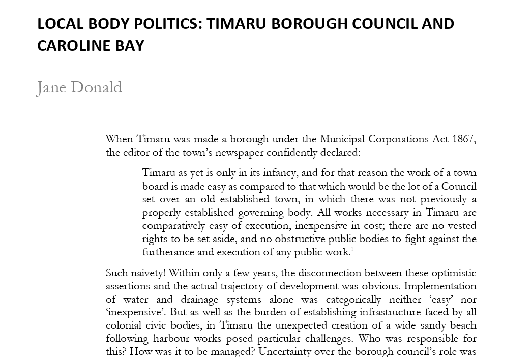 LOCAL BODY POLITICS TIMARU BOROUGH COUNCIL AND CAROLINE BAY Jane Donald 1