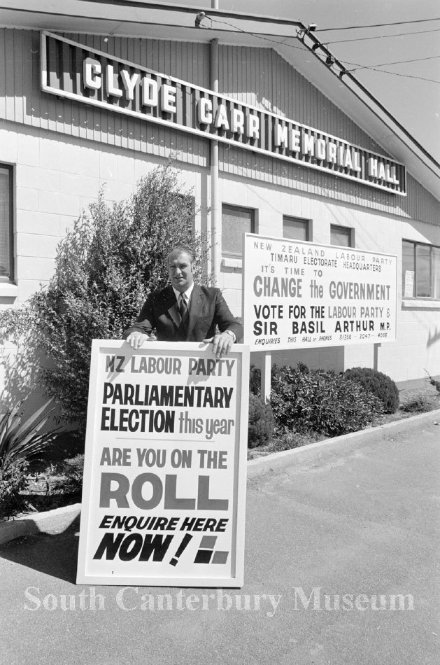 Labour Party Signs at Clyde Carr Hall Anderson and Bremford Photographic Collection dated 16 October 1972 South Canterbury Museum T6546 1972
