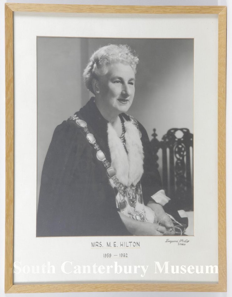 Mrs M E Hilton who served as mayor of the Timaru Borough Council from 1952 to 1962 South Canterbury Museum 2016011041