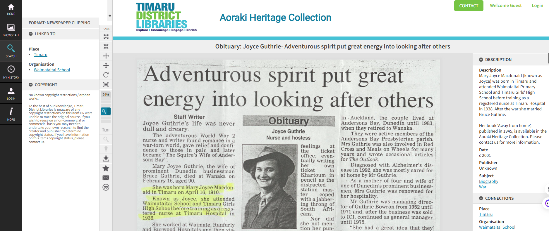 Obituary Joyce Guthrie Aoraki Heritage Collection httpsaorakiheritage recollect 7563