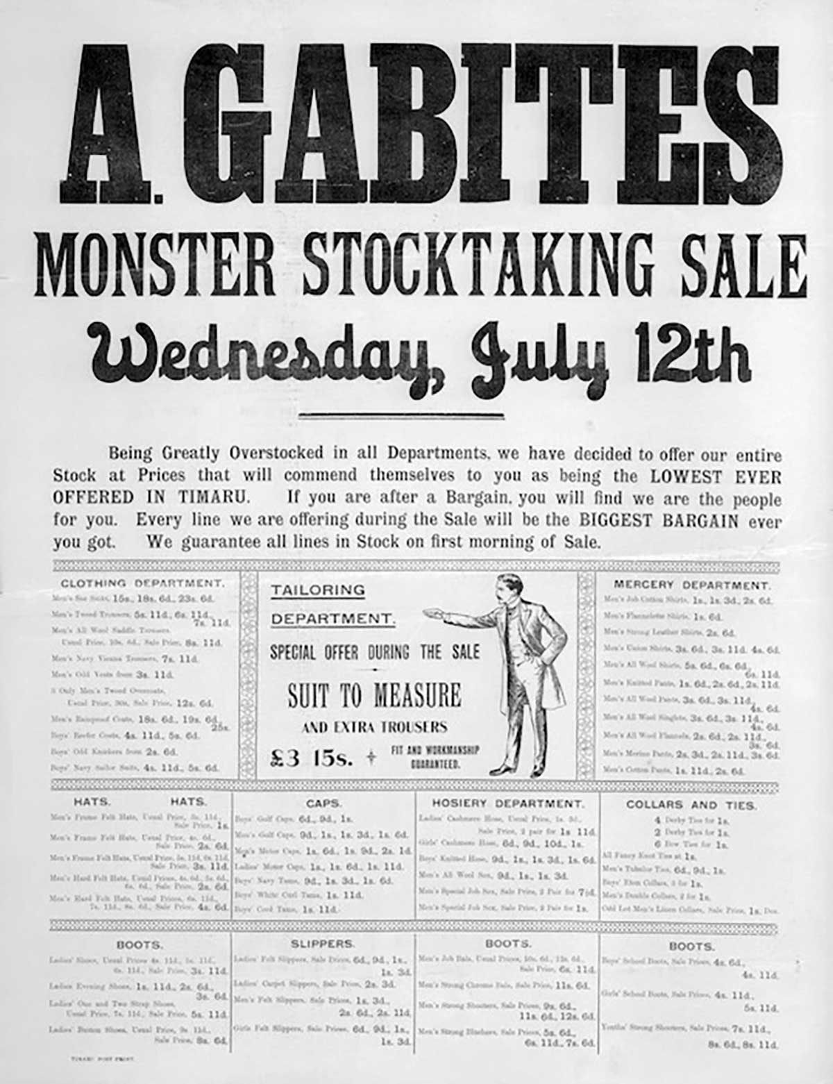Gabites advert bargains in clothing department mercery department hats hosiery collars and ties boots and slippers National Library