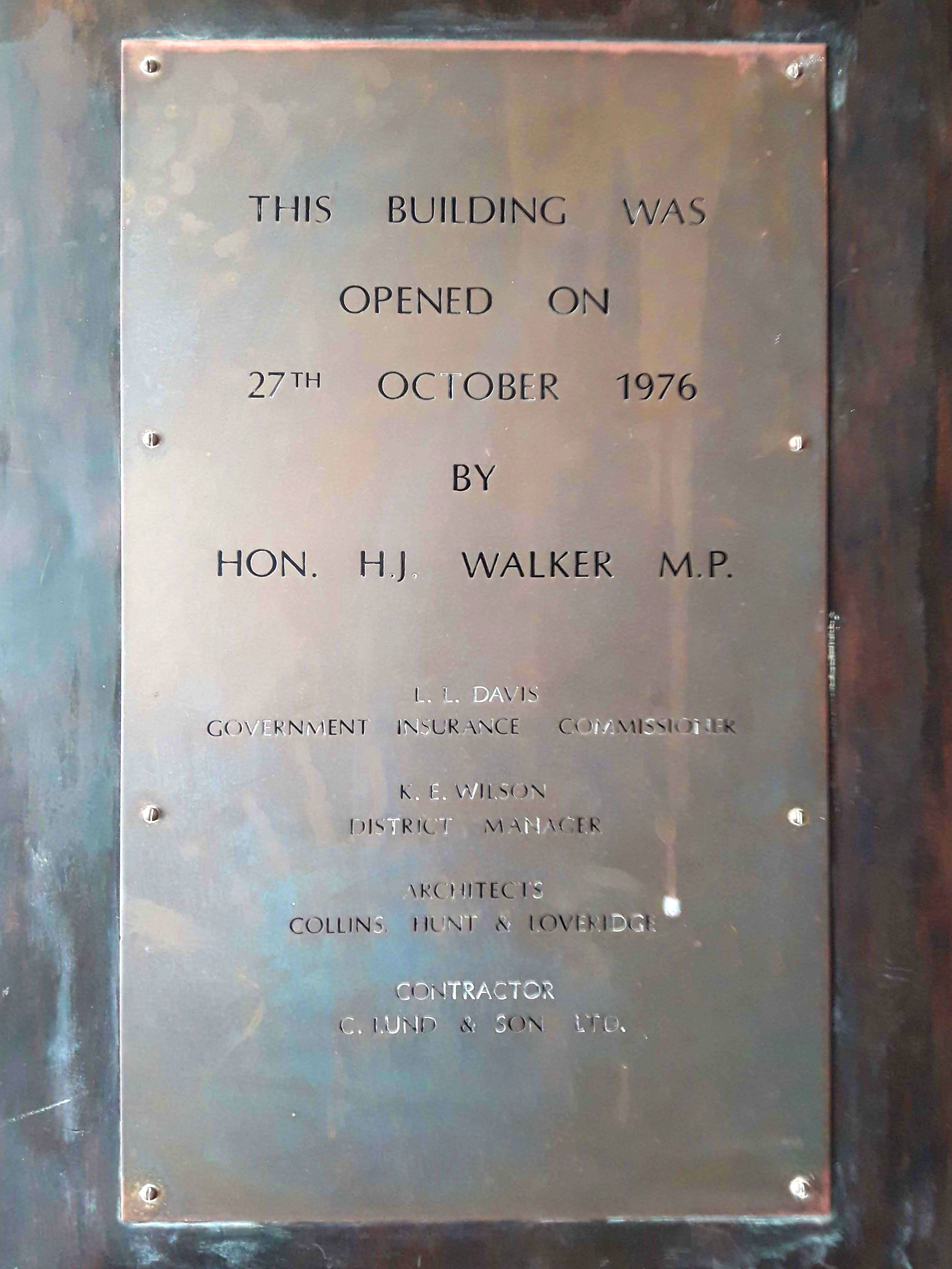Photograph of the 1976 opening plaque for the Government Life Building on George St Timaru Photo Liz Shea