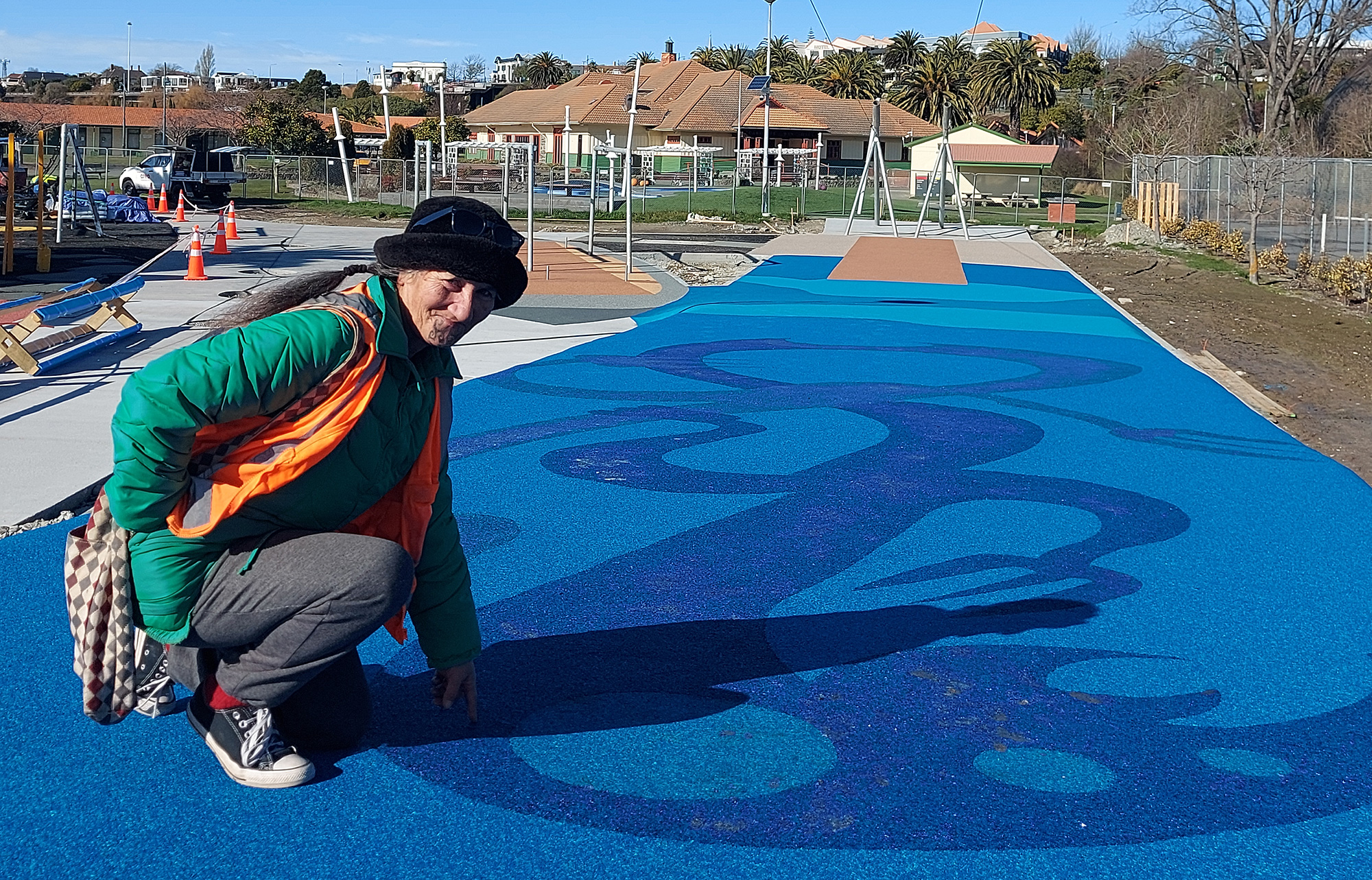 Artist Francine Spencer with taniwha that she designed for CPlay Photography By Roselyn Fauth