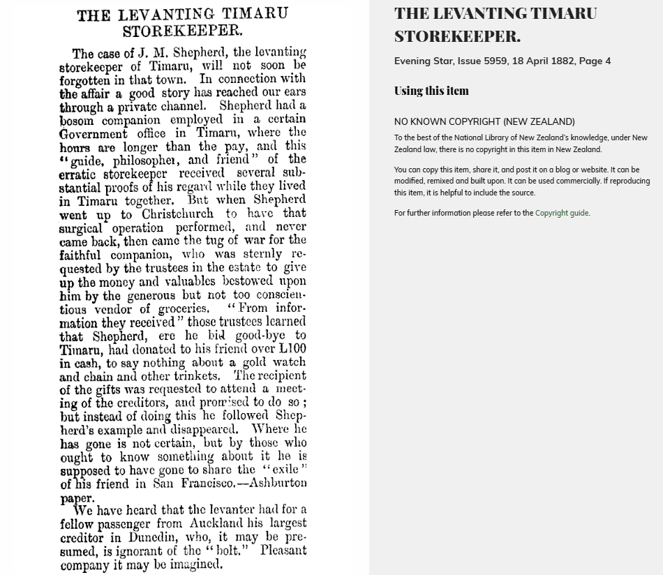 THE LEVANTING TIMARU STOREKEEPER Evening Star 18 April 1882