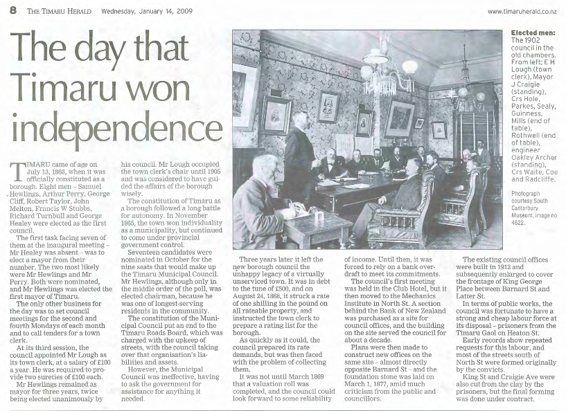 THE TlMARU HERALD Wednesday January 14 2009 The day that Timaru won independence