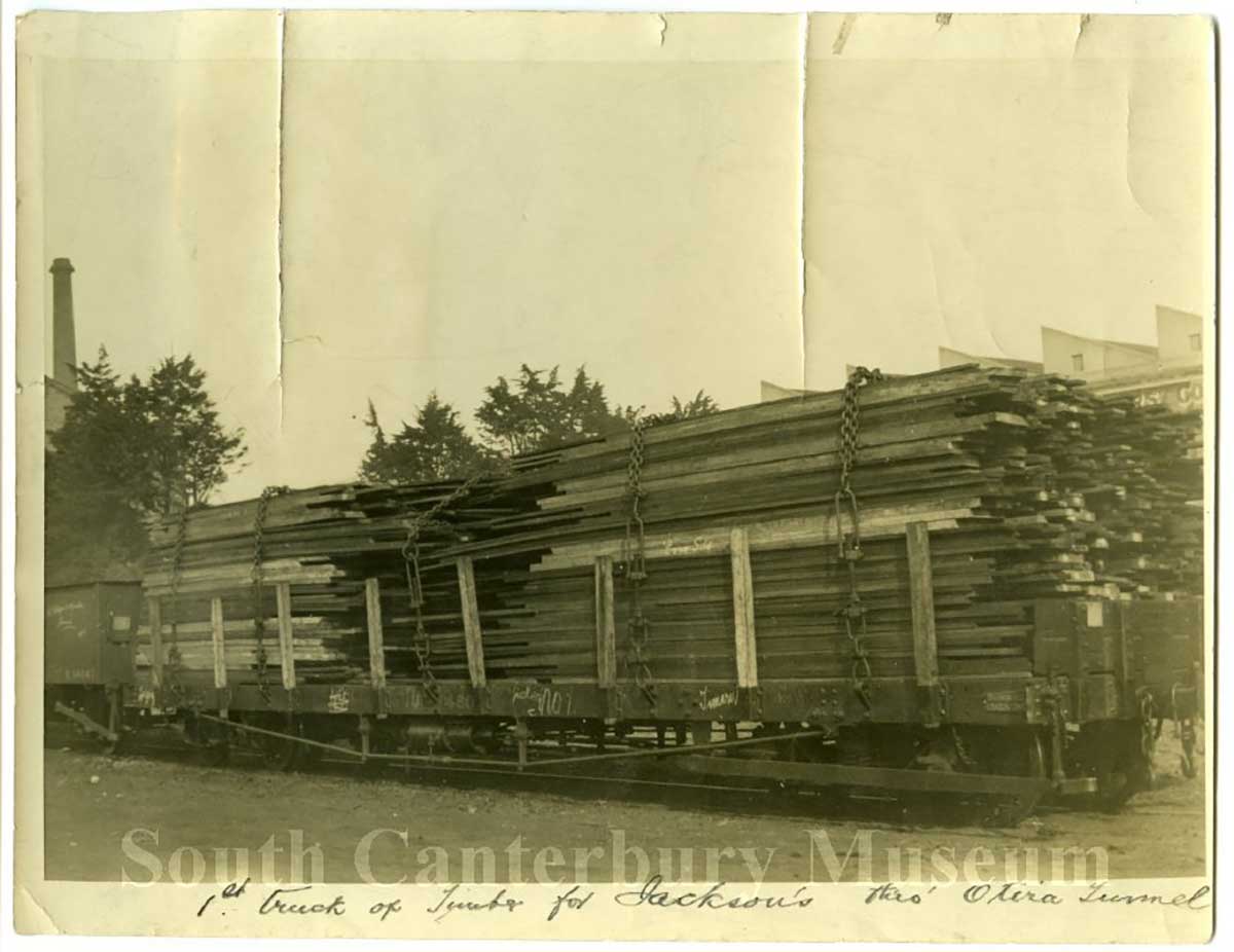 The first railway wagon of timber for John Jackson through the Otira Tunnel c 1923 2622