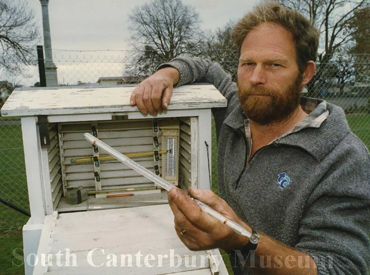 Timaru District Council employee Alistair Davey taking a rain reading at the Timaru Botanical Gardens 17 Sept 1993 20121862267