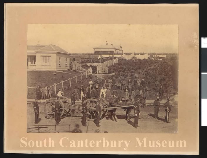 Timaru Artillery with a cannon and ammunition carriage hitched to a single horse around 1870s or early 1880s