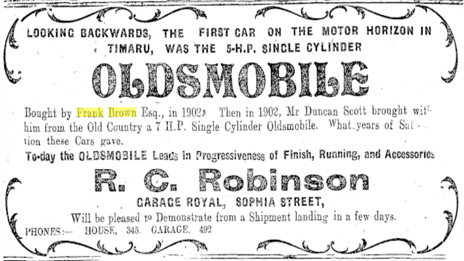 Timaru Herald Issue 170283 30 July 1920 Page 4 demonstration car Oldsmobile Frank Brown