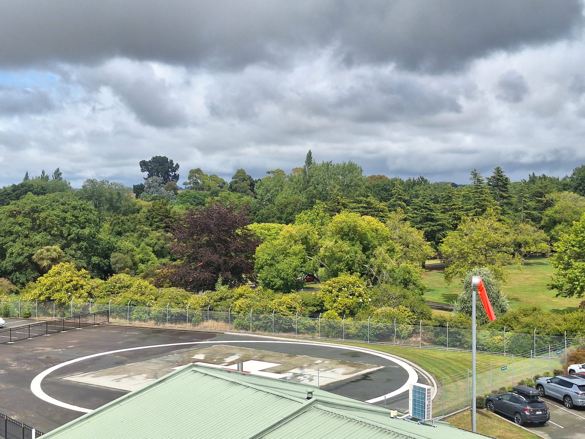 View from the hospital over the helecopter pad to the trees at the Botanic Gardens