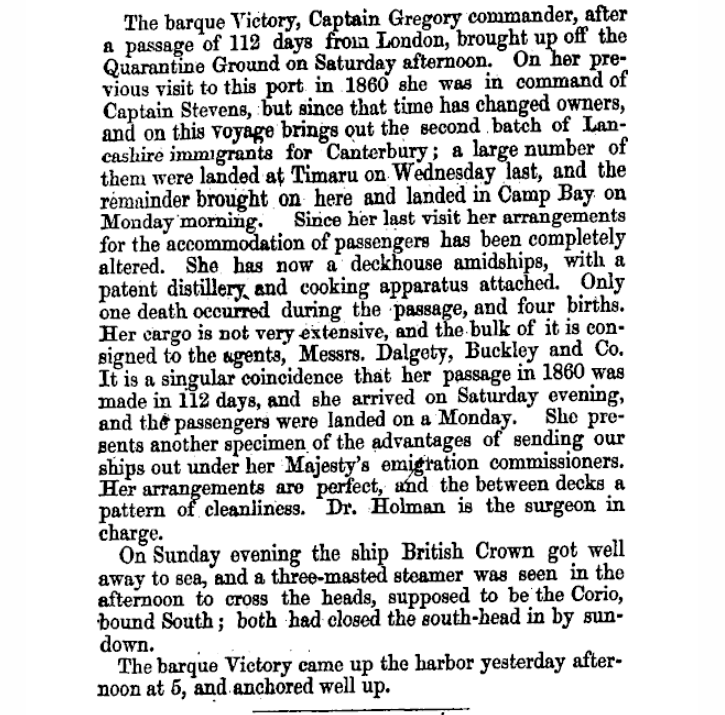 Victory Ship arrival Lyttelton Times 20 October 1863 Page 4