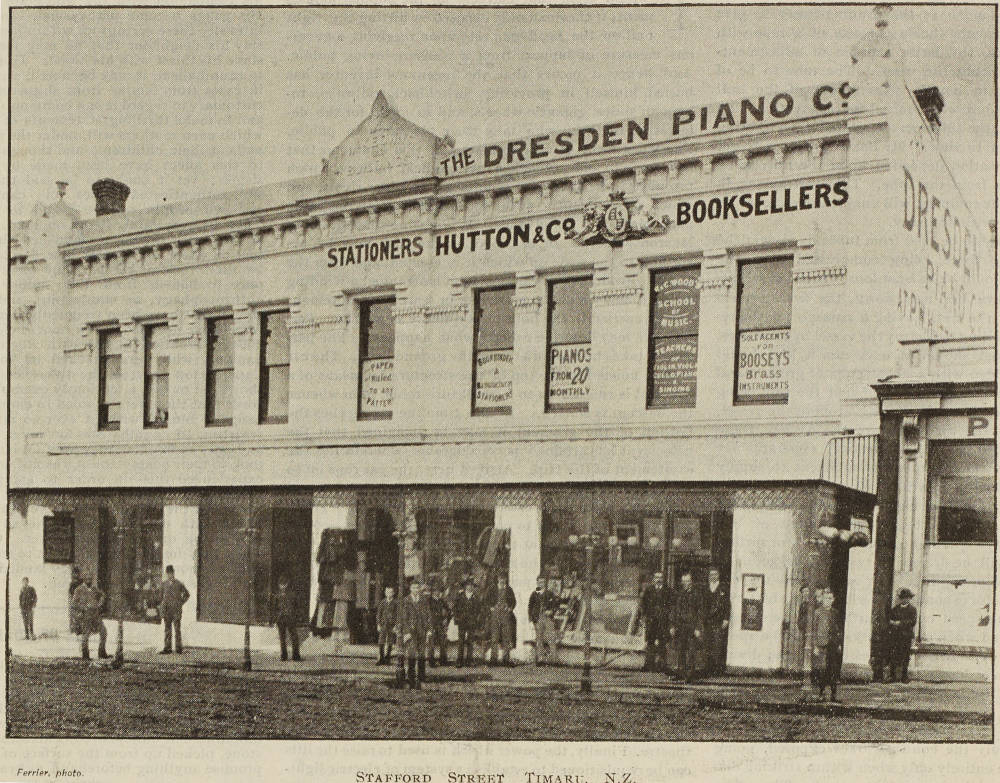 1896 premises of The Dresden Piano Company and Hutton Co Stationers Booksellers Stafford Street Timaru photos 116141 large Auckland Libraries Heritage Collections NZG