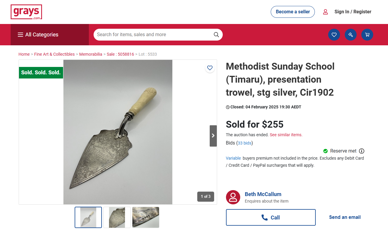 memorabilia methodist sunday school timaru presentation trowel stg silver cir1902